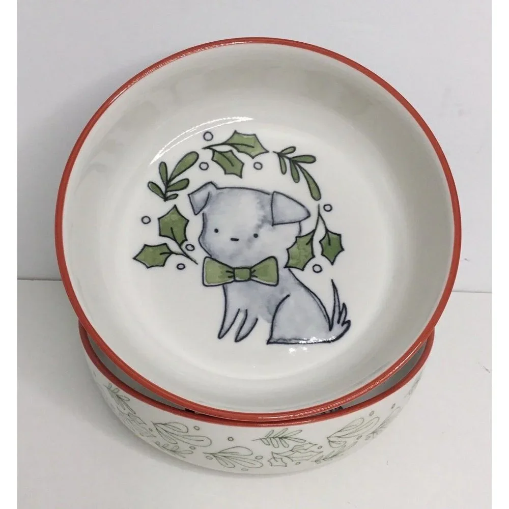 2 Dog Bowl Dish Ceramic Prima Design Christmas Dog  NEW